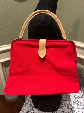 Red Satchel Tote with Cream Top Handle Leather Handle and Closure